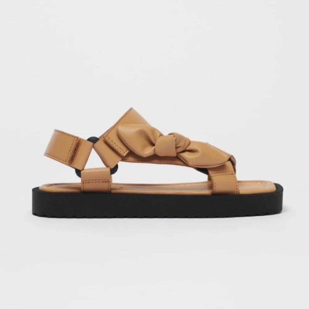Zara | Bow Velcro Sandals In Tan Size 36